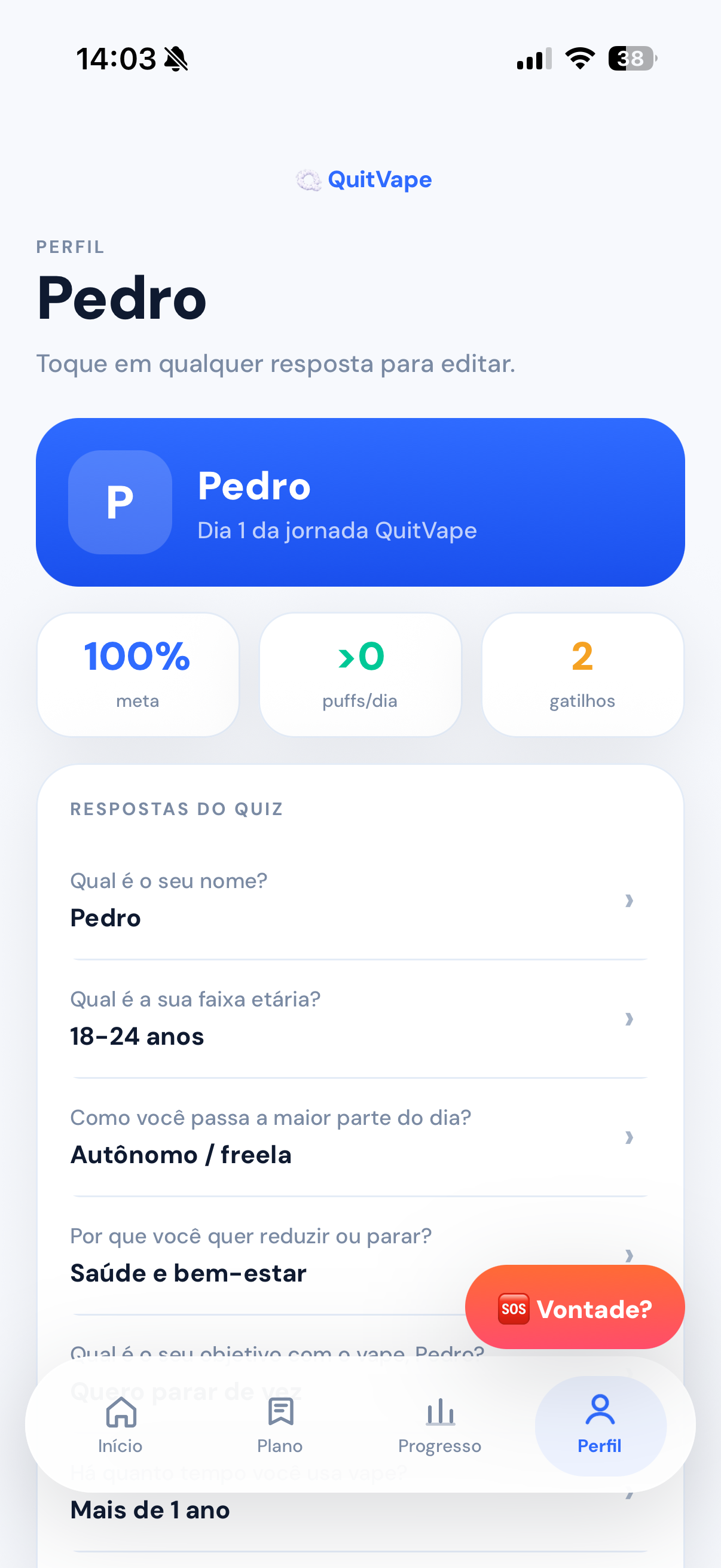Tela de perfil mostrando as respostas do quiz: nome, faixa etária, rotina e motivo pra parar