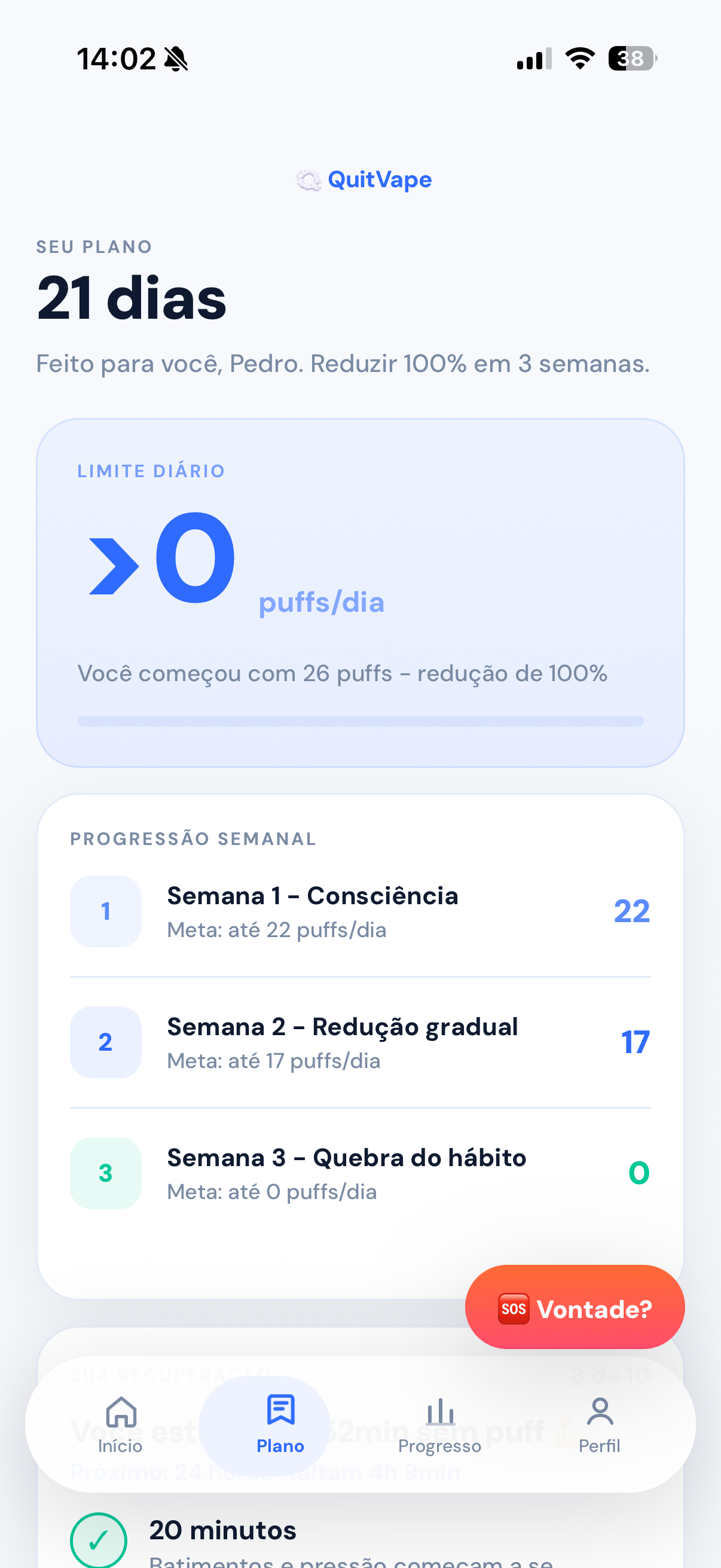 Tela do plano de 21 dias com limite diário e a progressão semanal em três fases